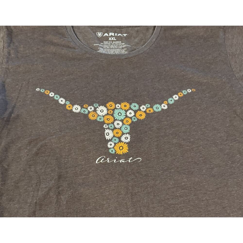 Ariat Floral Longhorn Graphic T-Shirt Women's XXL Brown Short Sleeve Western Tee - Picture 2 of 4